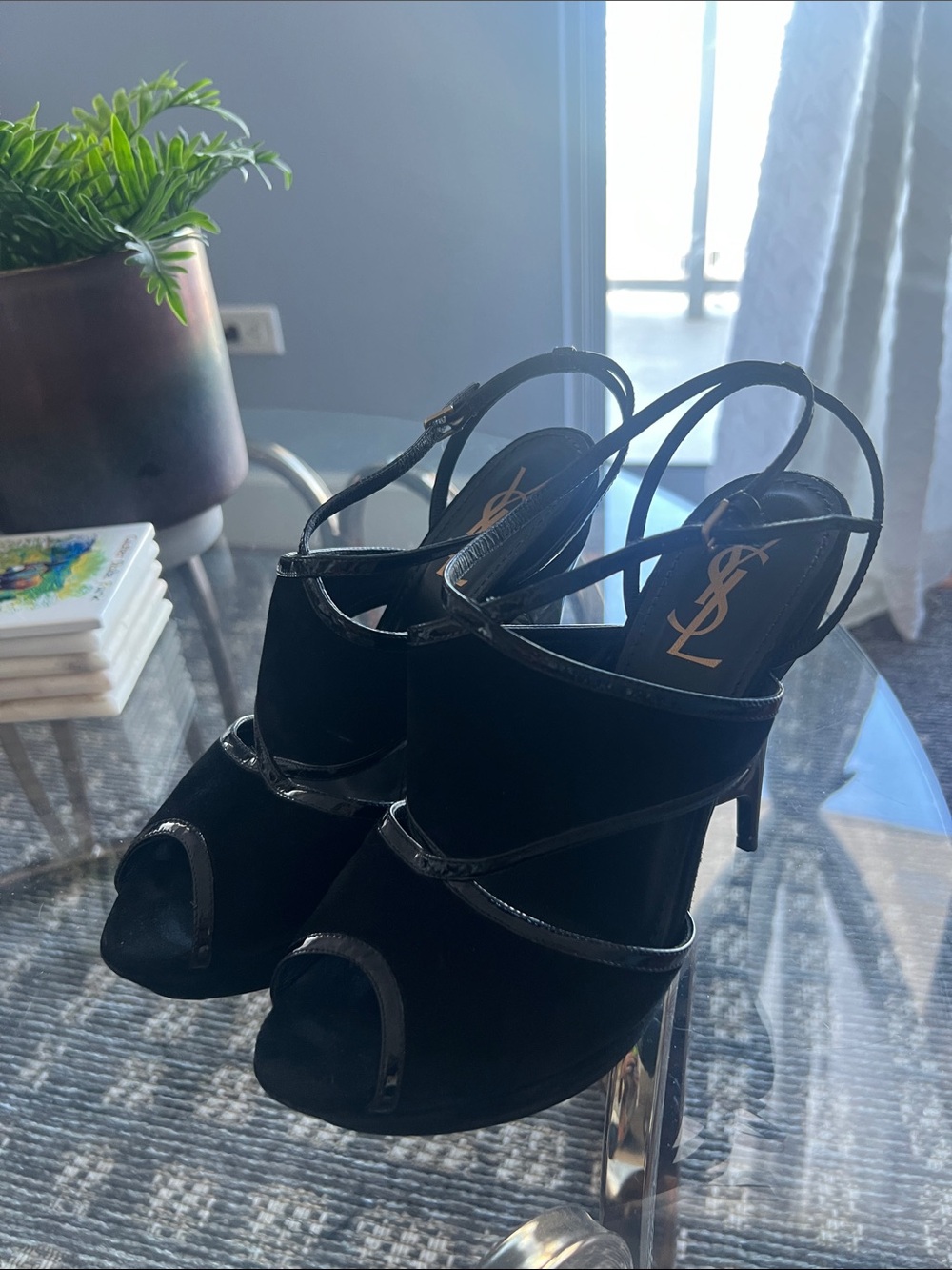 Saint Laurent Black Suede Patent-Trim Peep-Toe Slingback Heels